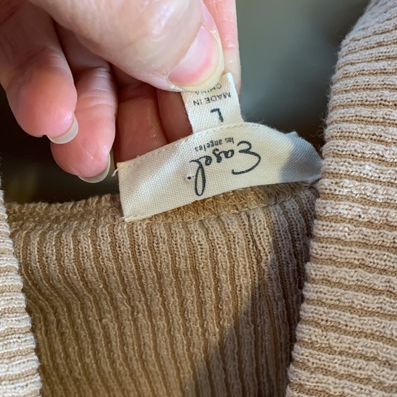 Easel boutique cowl neck sweater thin ribbed camel tan loose boxy exposed seams - Picture 7 of 8